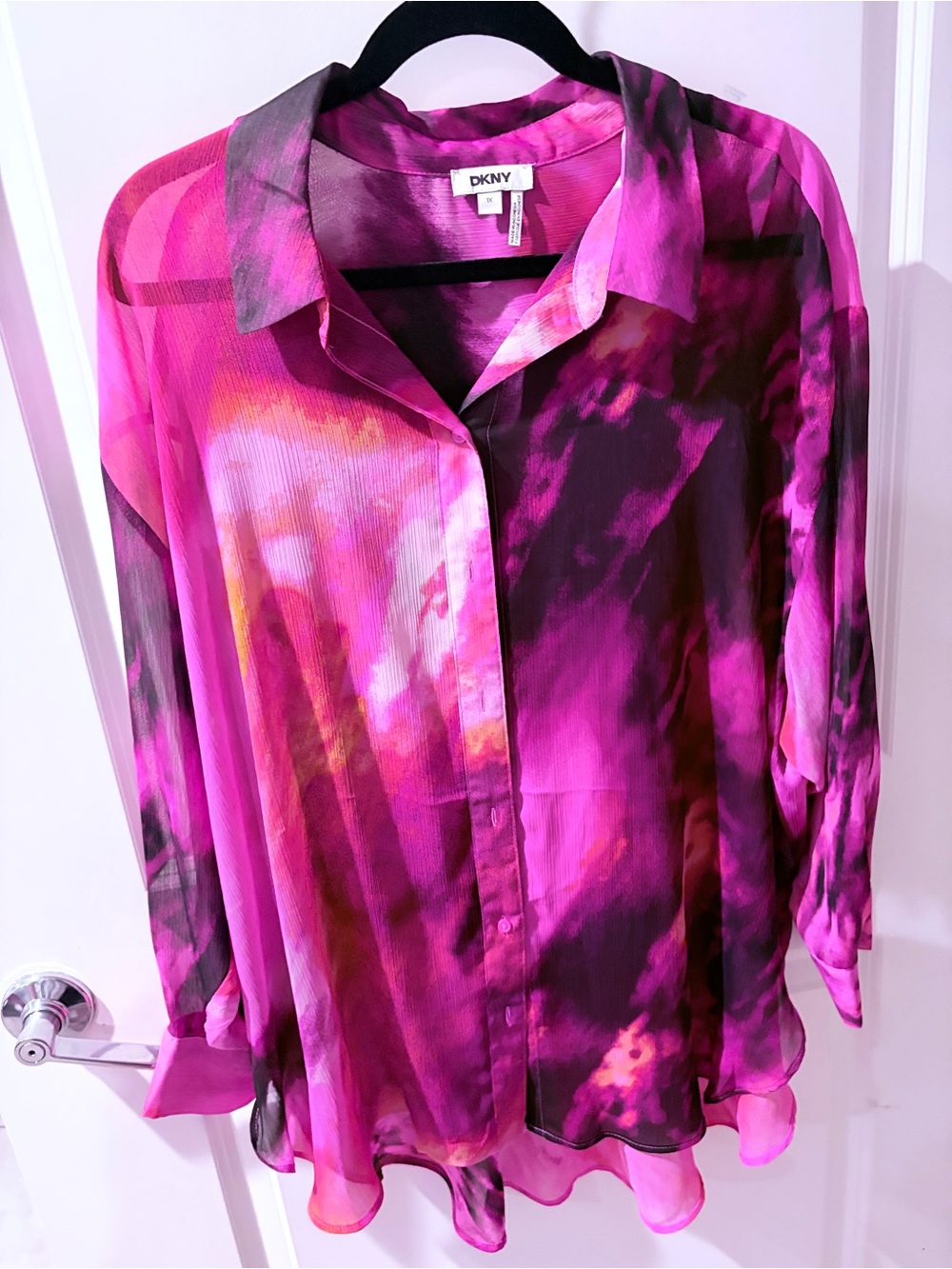 DKNY Pink and Purple Tie-Dye Sheer Button-Down Blouse